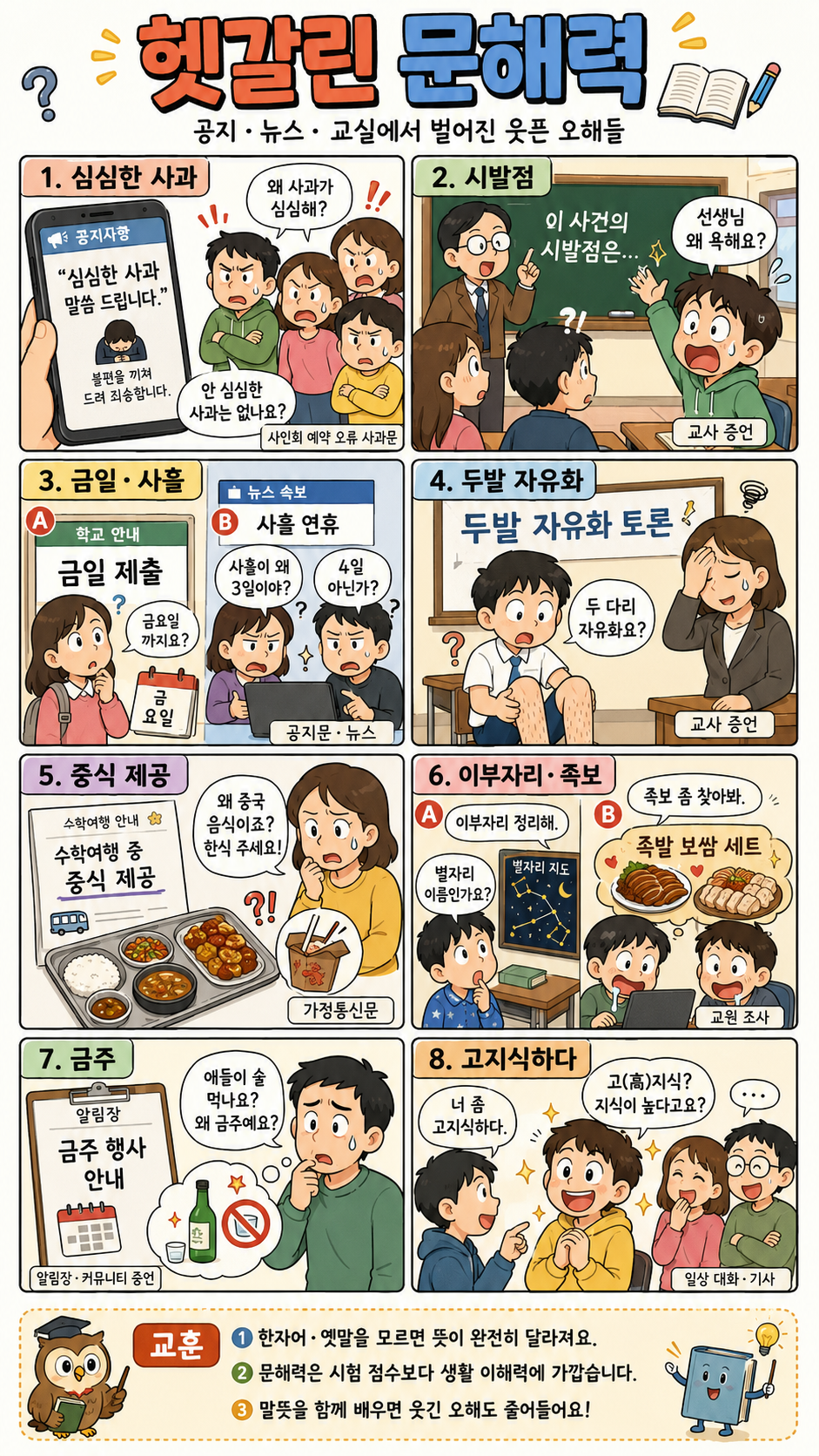 헷갈린 문해력 사례를 그린 학습 인포그래픽